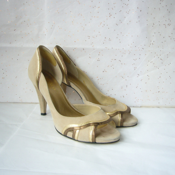 Franco Sarto Beige Gold d'Orsay Peep Toe Pump Great Gatsby Deco  8 Event Party - Picture 2 of 8